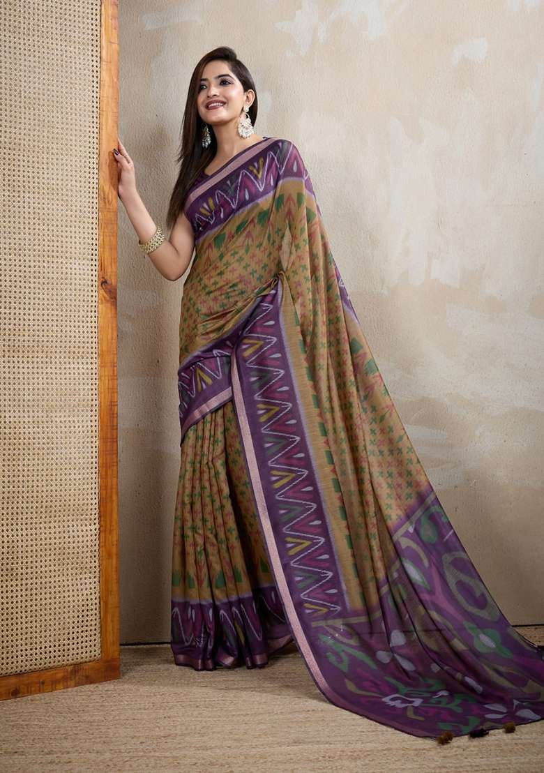 Mustard Zari Work Silk Blend Saree Set for Diwali and Festive Wear - Indya
