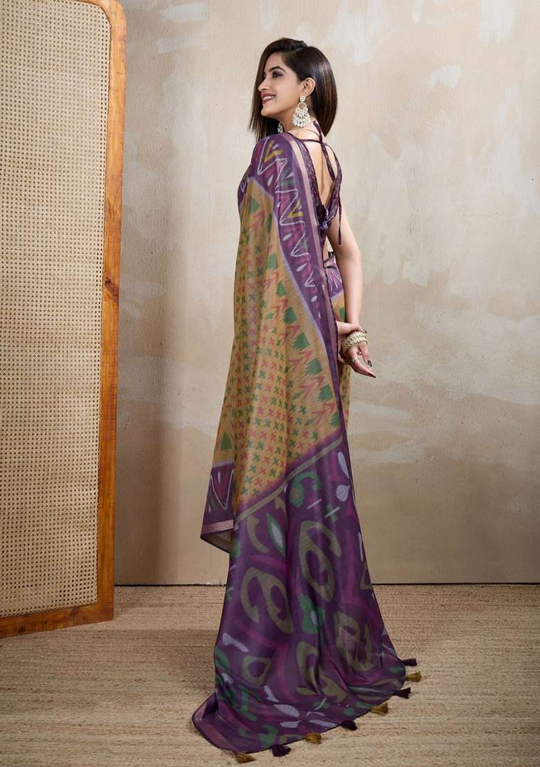 Mustard Zari Work Silk Blend Saree Set for Diwali and Festive Wear - Indya