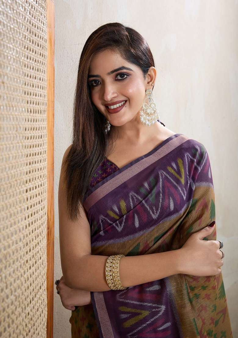 Mustard Zari Work Silk Blend Saree Set for Diwali and Festive Wear - Indya