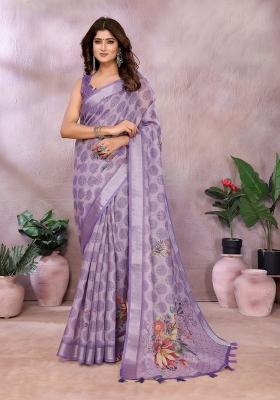 Light Lavender Zari Work Silk Blend Saree Set
