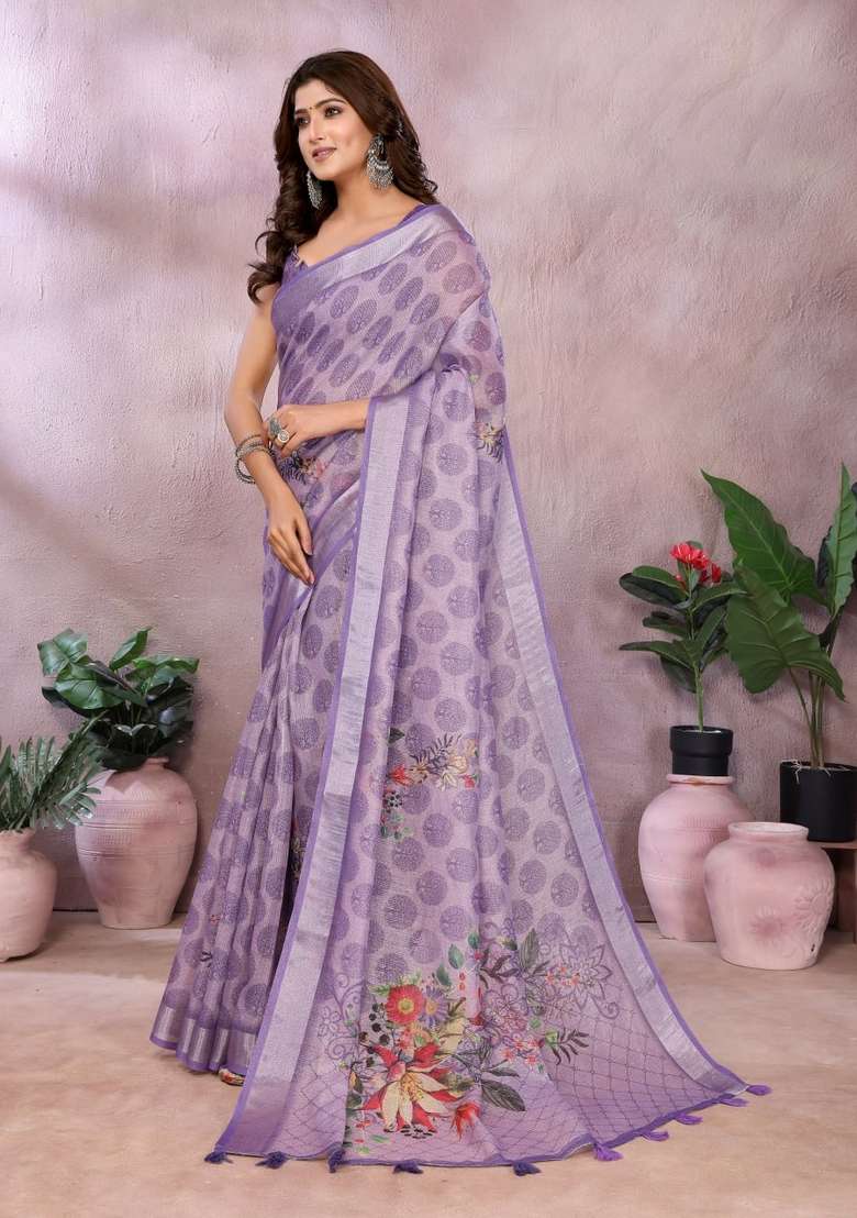 Light Lavender Zari Work Silk Blend Saree Set for Diwali and Festive Wear - Indya