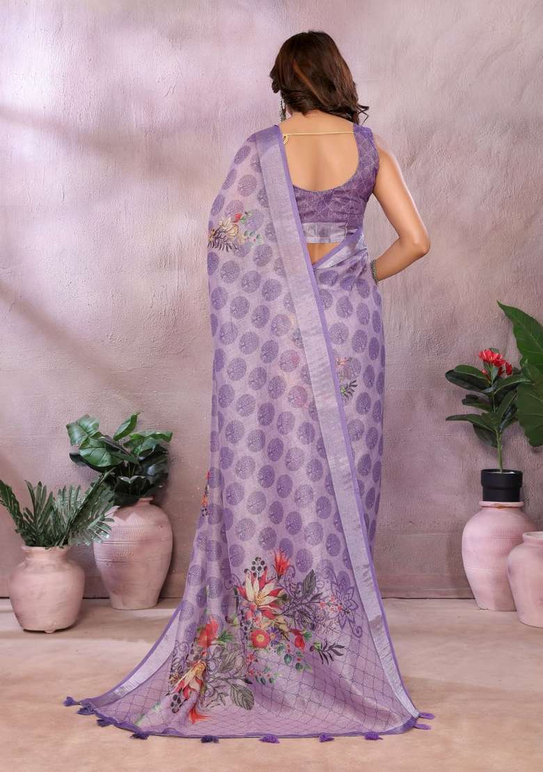Light Lavender Zari Work Silk Blend Saree Set for Diwali and Festive Wear - Indya