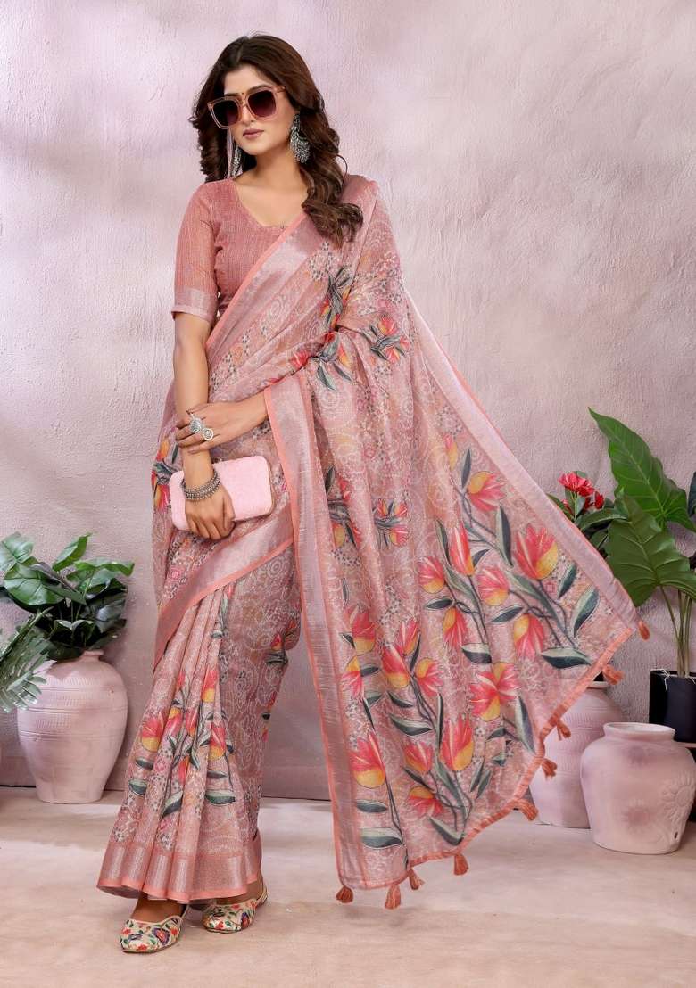 Peach Zari Work Silk Blend Saree Set for Diwali and Festive Wear - Indya