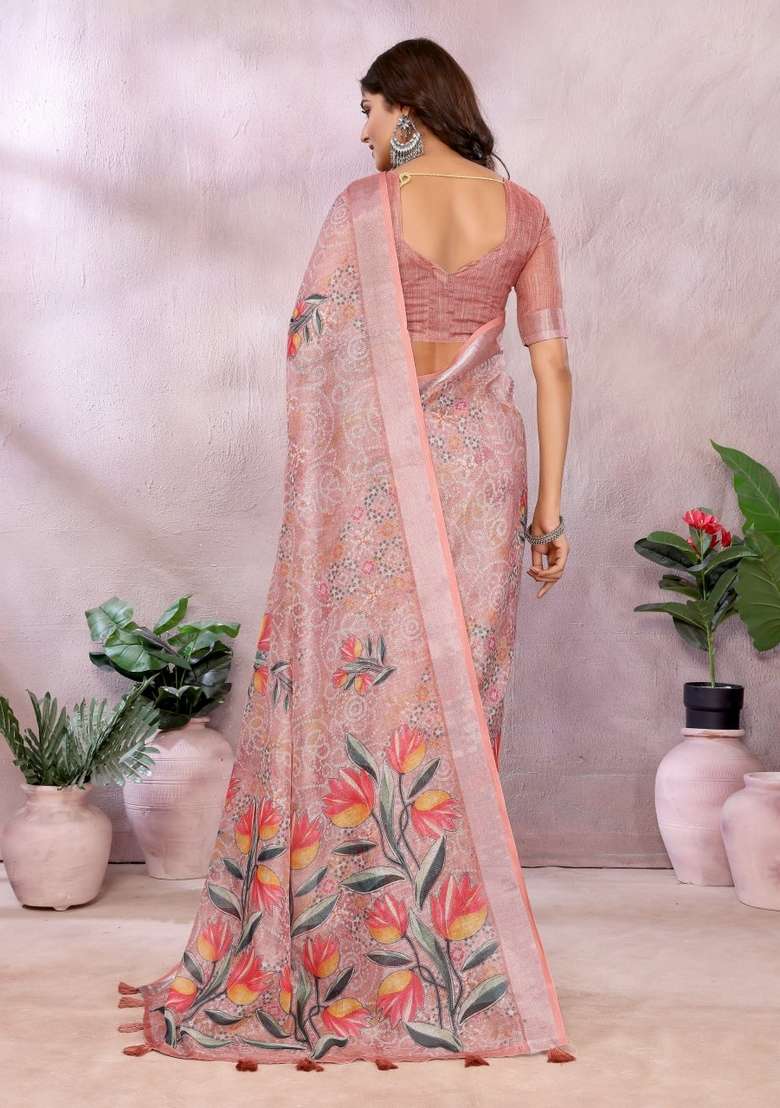 Peach Zari Work Silk Blend Saree Set for Diwali and Festive Wear - Indya