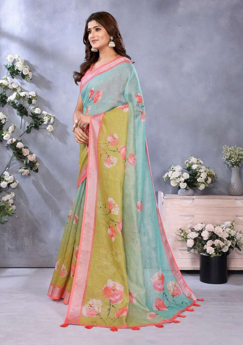 Light Sky Blue Silk Blend Saree Set with Zari Work for Diwali | Wedding & Festive Wear - Indya