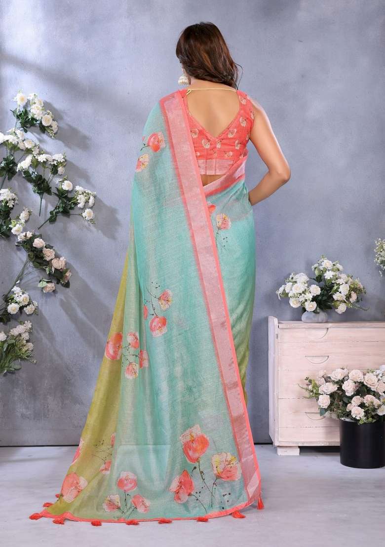 Light Sky Blue Silk Blend Saree Set with Zari Work for Diwali | Wedding & Festive Wear - Indya
