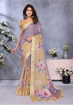 Light Purple Zari Work Silk Blend Saree Set