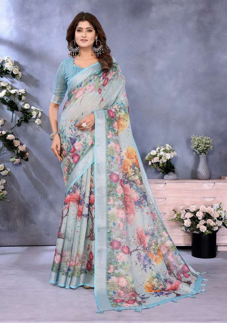 Light Sky Blue Silk Blend Saree Set with Zari Work for Diwali | Wedding & Festive Wear - Indya