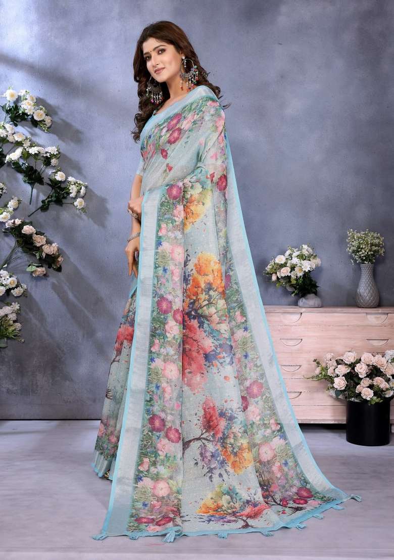 Light Sky Blue Silk Blend Saree Set with Zari Work for Diwali | Wedding & Festive Wear - Indya