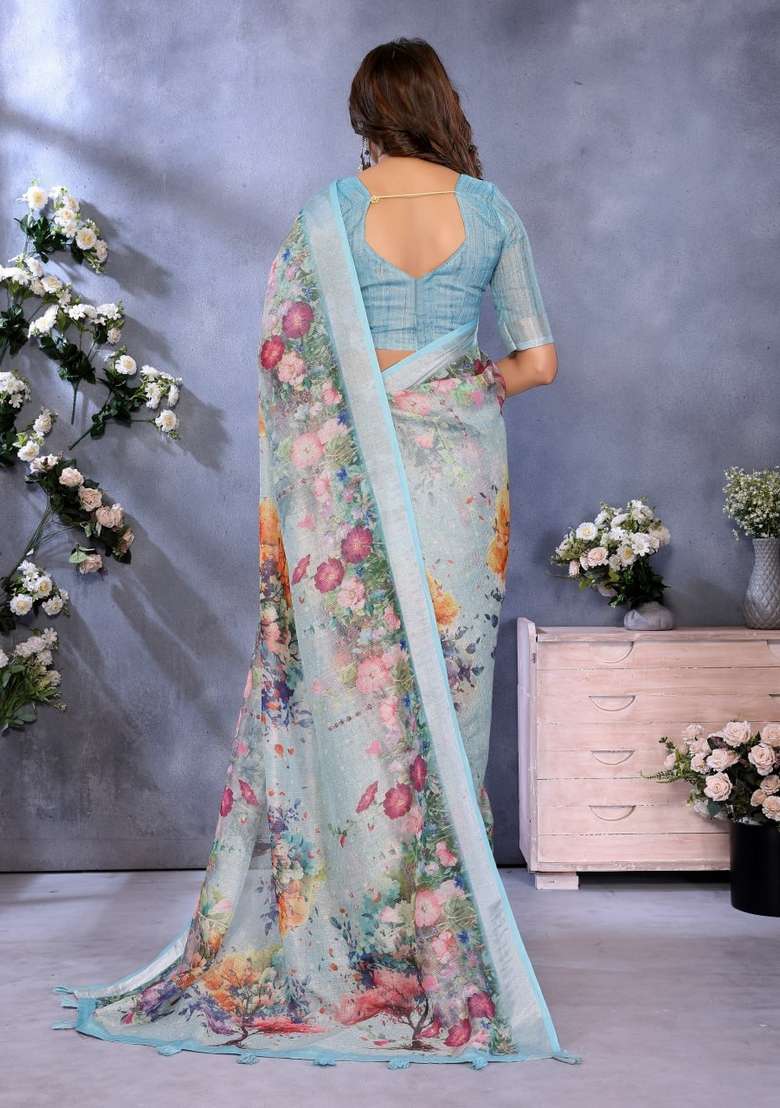 Light Sky Blue Silk Blend Saree Set with Zari Work for Diwali | Wedding & Festive Wear - Indya