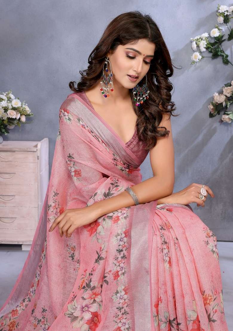 Baby Pink Zari Work Silk Blend Saree Set for Diwali and Festive Wear - Indya