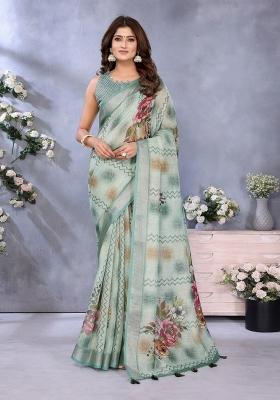 Light Green Zari Work Silk Blend Saree Set