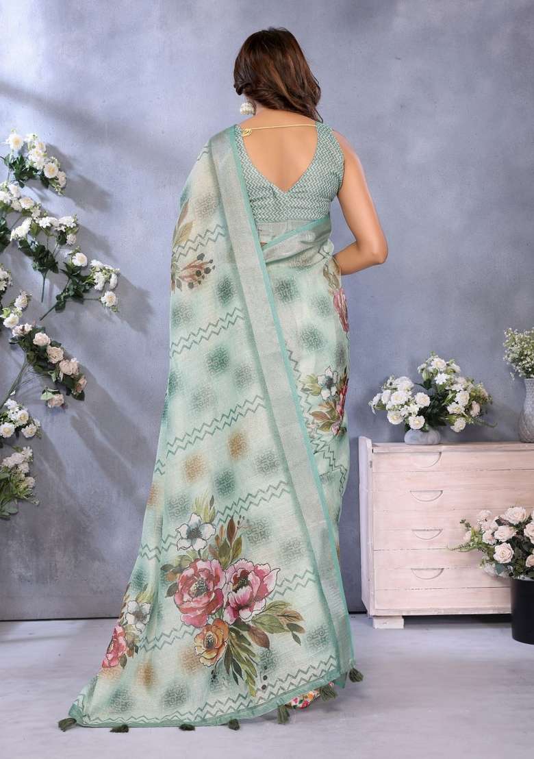 Light Green Zari Work Silk Blend Saree Set for Diwali and Festive Wear - Indya