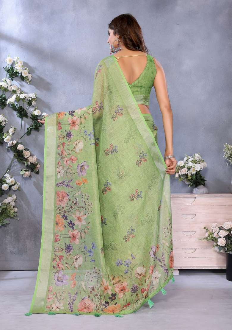 Light Parrot Green Silk Blend Saree Set with Zari Work for Diwali | Wedding & Festive Wear - Indya