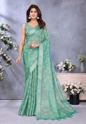 Light Sky Blue Zari Work Silk Blend Saree Set