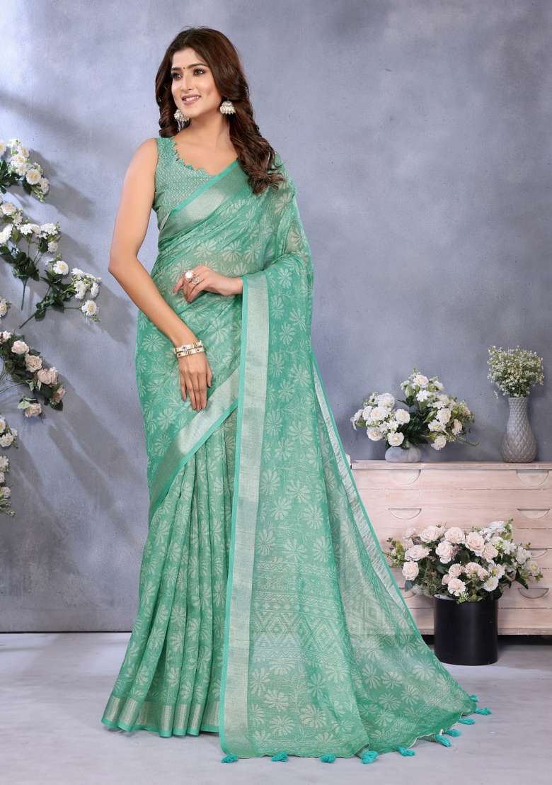 Light Sky Blue Silk Blend Saree Set with Zari Work for Diwali | Wedding & Festive Wear - Indya