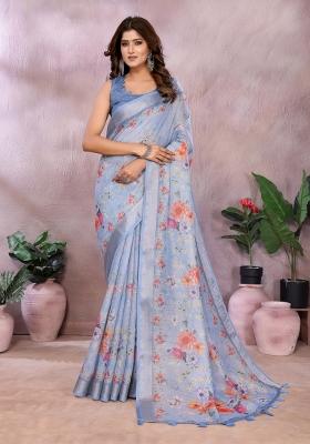 Light Blue Zari Work Silk Blend Saree Set
