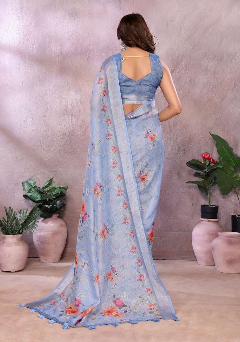 Light Blue Zari Work Silk Blend Saree Set for Diwali and Festive Wear - Indya