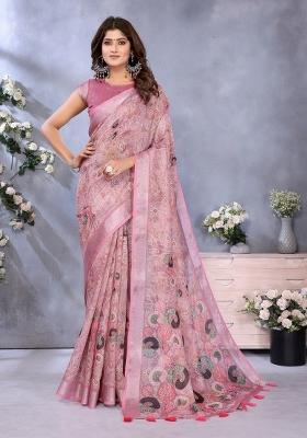 Baby Pink Zari Work Silk Blend Saree Set