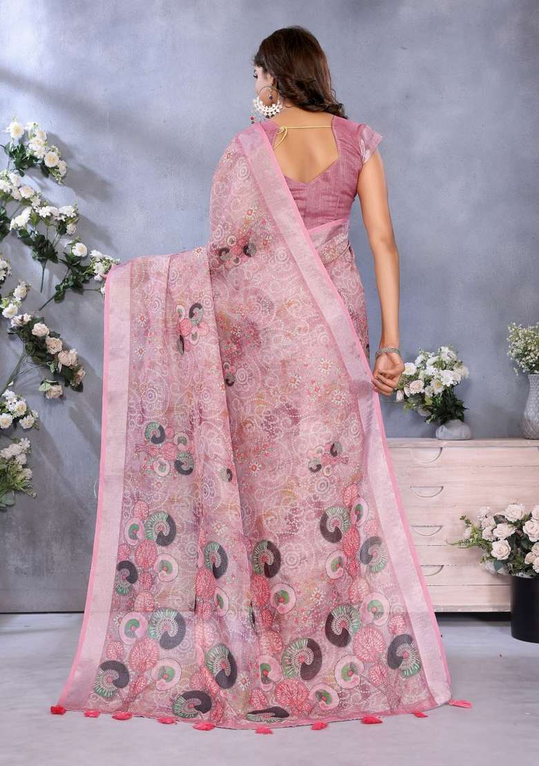 Baby Pink Zari Work Silk Blend Saree Set for Diwali and Festive Wear - Indya