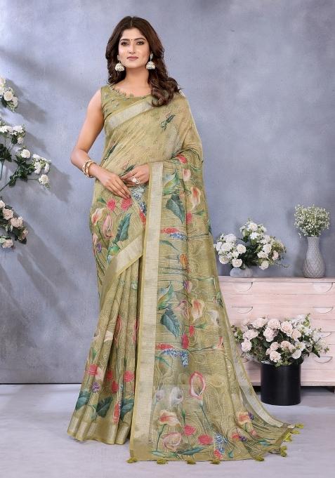 Lime Zari Work Silk Saree Set — view on Indya