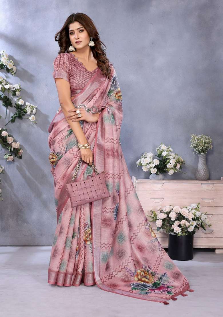 Baby Pink Zari Work Silk Blend Saree Set for Diwali and Festive Wear - Indya