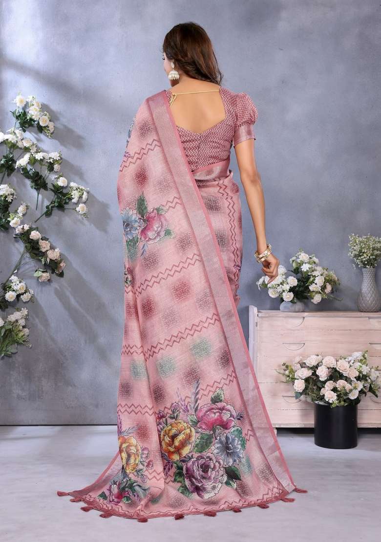 Baby Pink Zari Work Silk Blend Saree Set for Diwali and Festive Wear - Indya