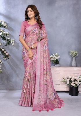 Light Baby Pink Zari Work Silk Blend Saree Set