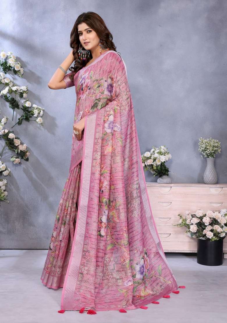 Light Baby Pink Zari Work Silk Blend Saree Set for Diwali and Festive Wear - Indya