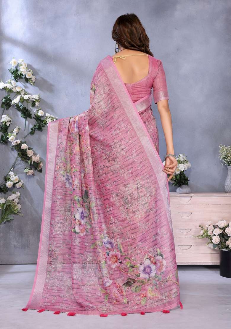 Light Baby Pink Zari Work Silk Blend Saree Set for Diwali and Festive Wear - Indya
