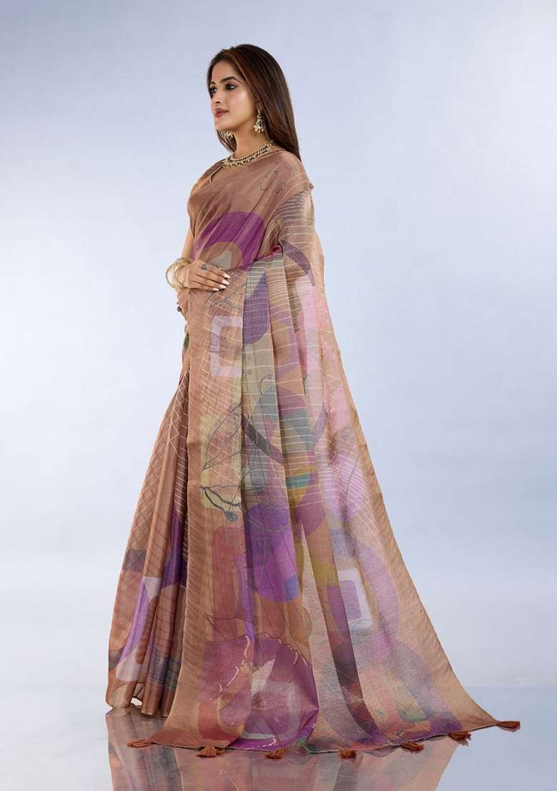 Brown Zari Work Silk Blend Saree Set for Diwali and Festive Wear - Indya