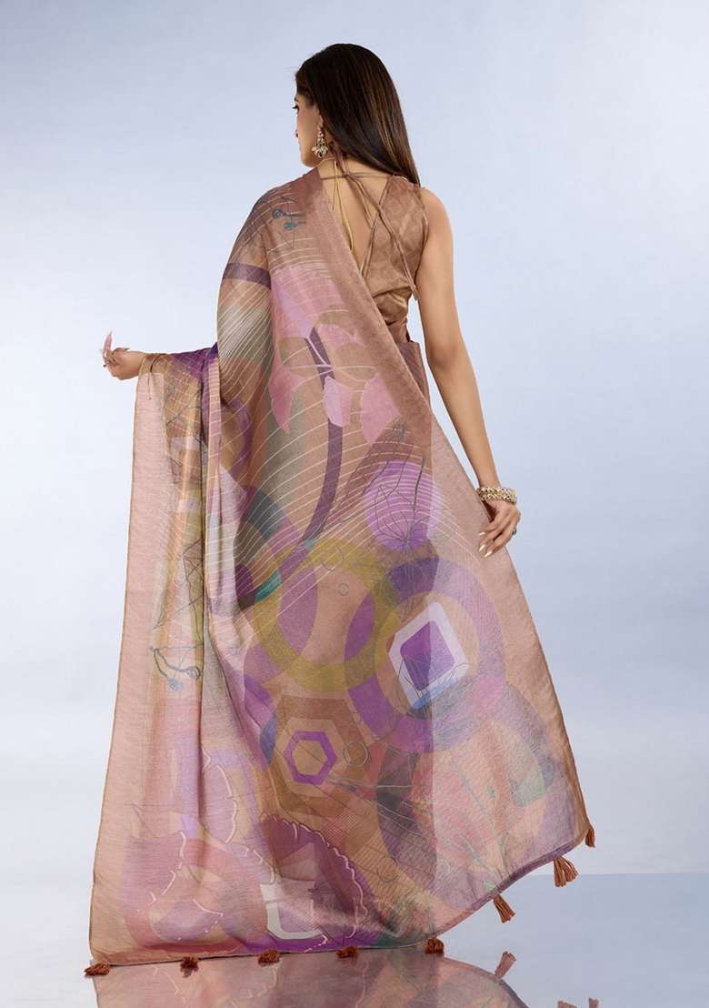 Brown Zari Work Silk Blend Saree Set for Diwali and Festive Wear - Indya