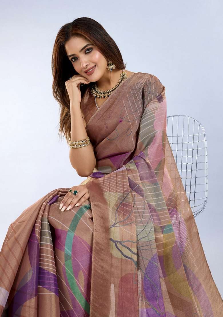 Brown Zari Work Silk Blend Saree Set for Diwali and Festive Wear - Indya