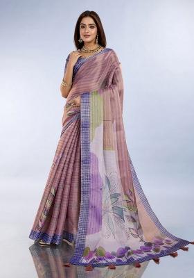 Peach Zari Work Silk Blend Saree Set