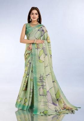 Light Green Zari Work Silk Blend Saree Set