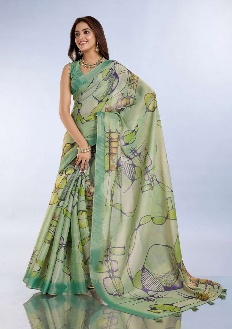 Light Green Zari Work Silk Blend Saree Set for Diwali and Festive Wear - Indya