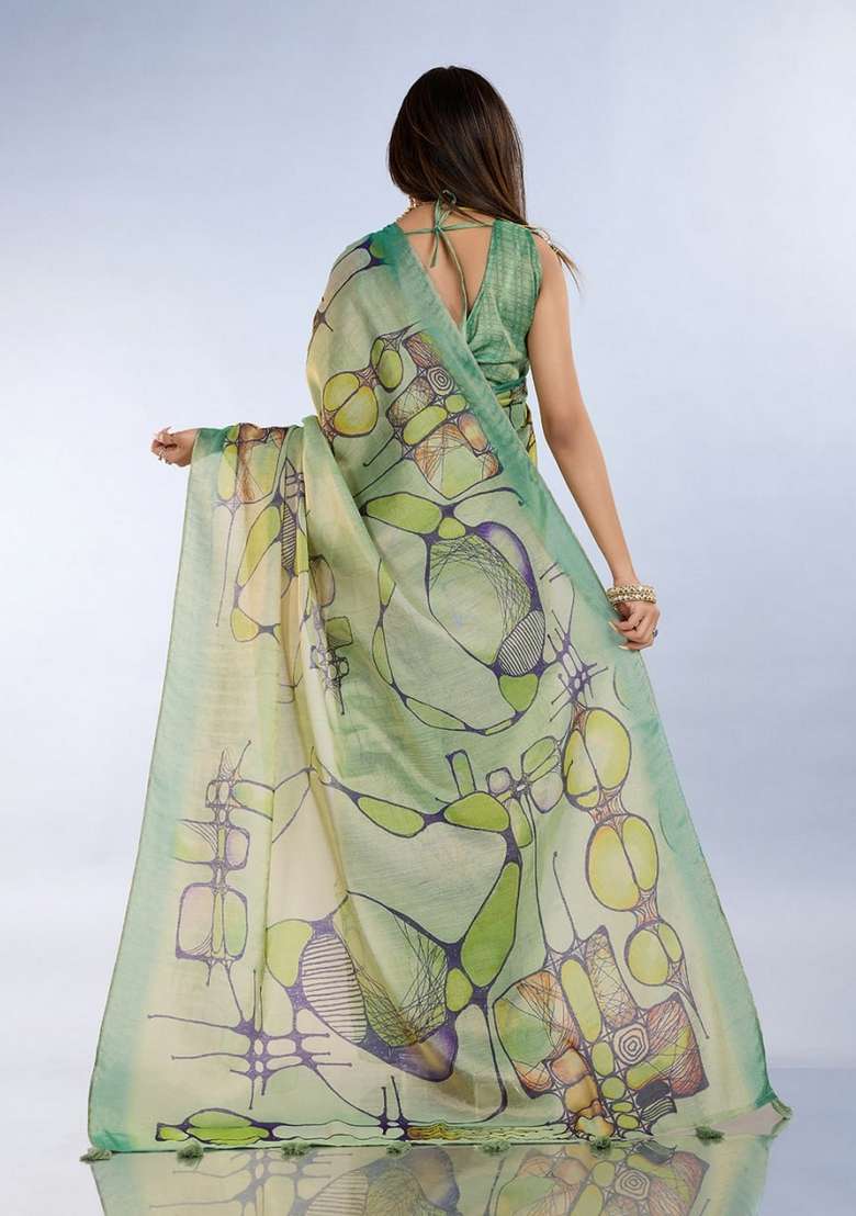Light Green Zari Work Silk Blend Saree Set for Diwali and Festive Wear - Indya