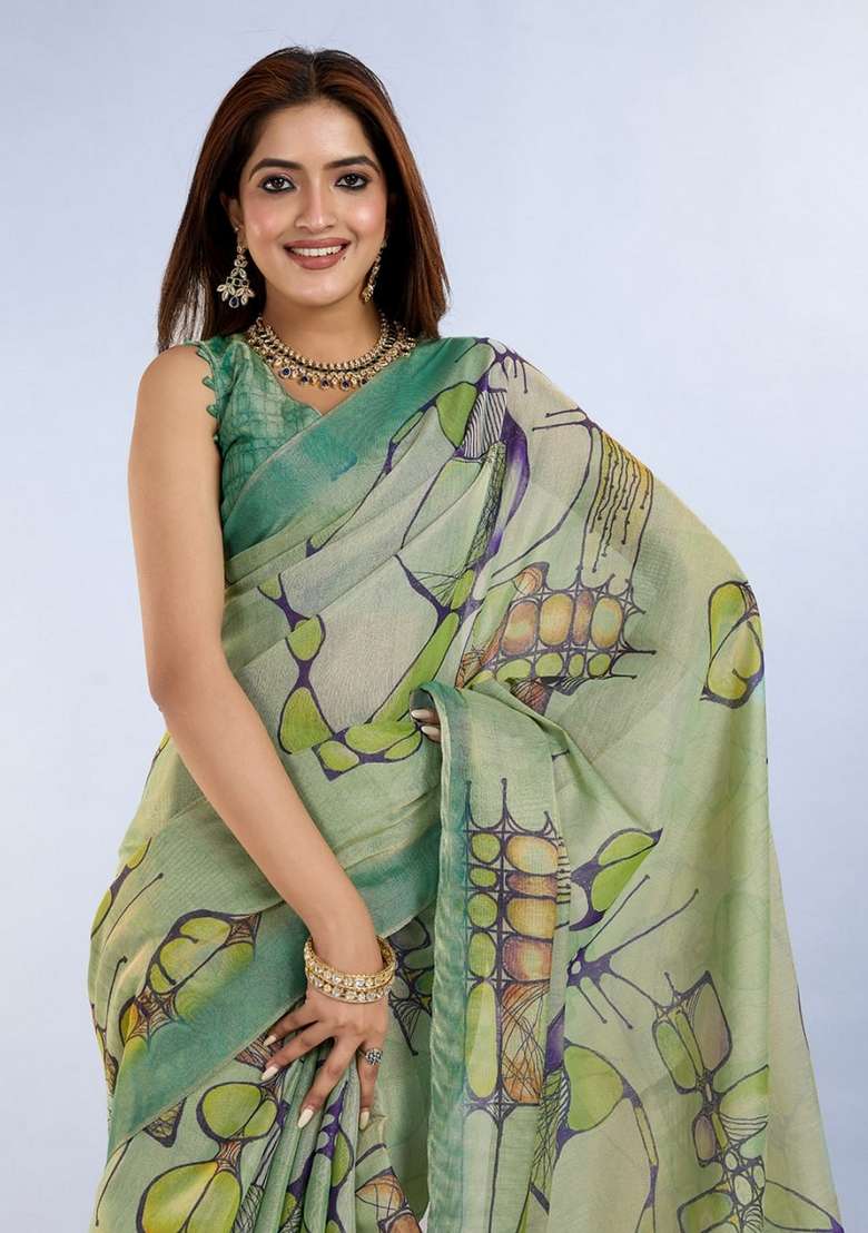 Light Green Zari Work Silk Blend Saree Set for Diwali and Festive Wear - Indya