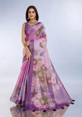 Light Purple Zari Work Silk Blend Saree Set