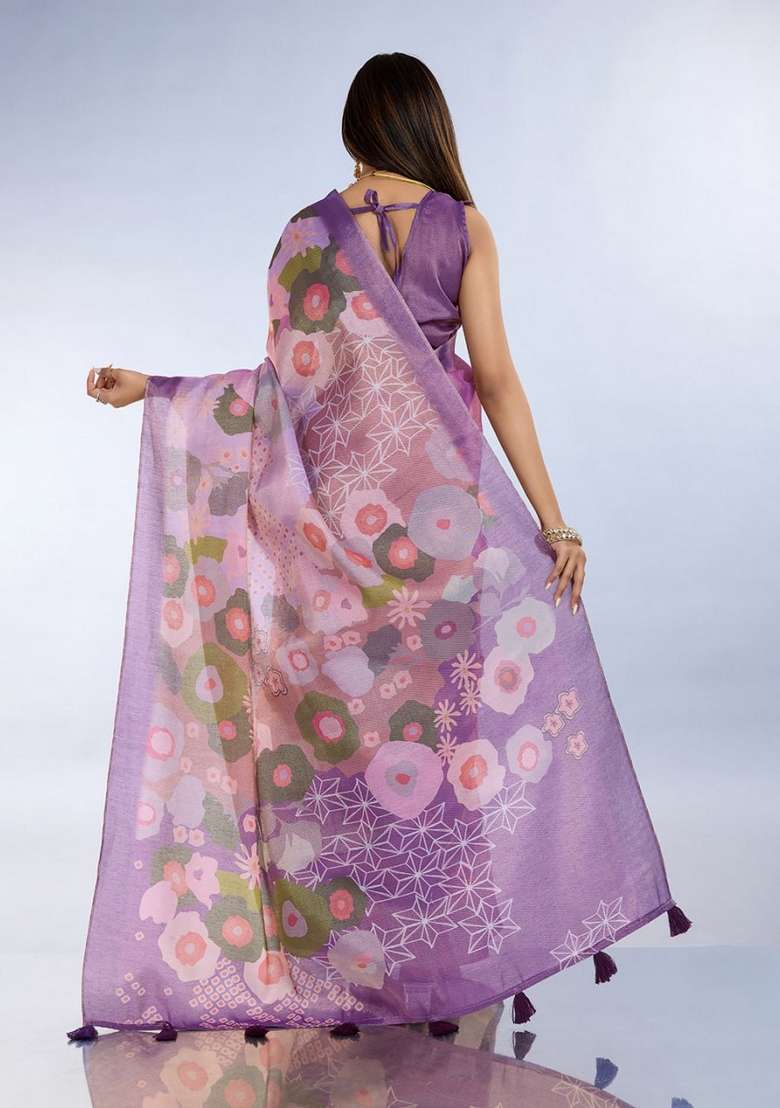 Light Purple Silk Blend Saree Set with Zari Work for Diwali | Wedding & Festive Wear - Indya