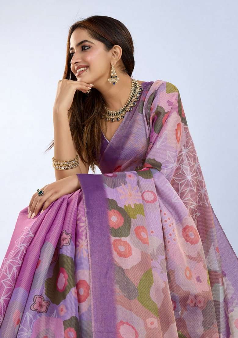 Light Purple Silk Blend Saree Set with Zari Work for Diwali | Wedding & Festive Wear - Indya