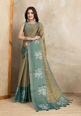 Mehendi Zari Work Silk Blend Saree Set