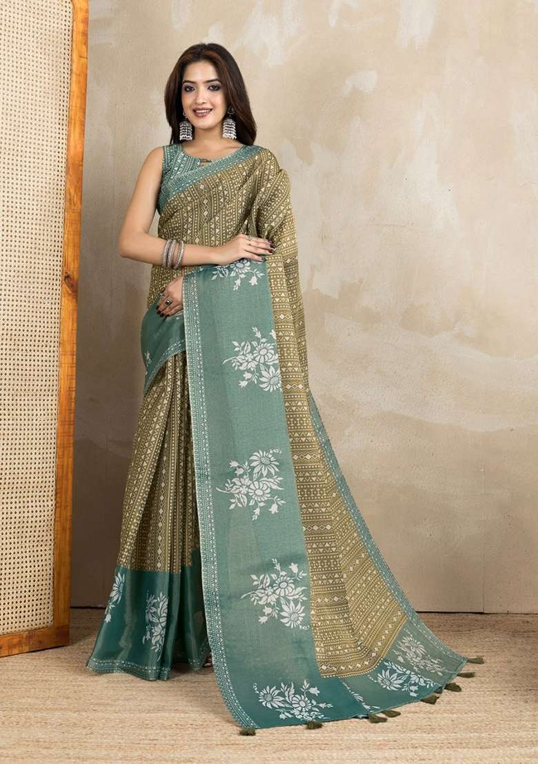 Mehendi Silk Blend Saree Set with Zari Work for Diwali | Wedding & Festive Wear - Indya