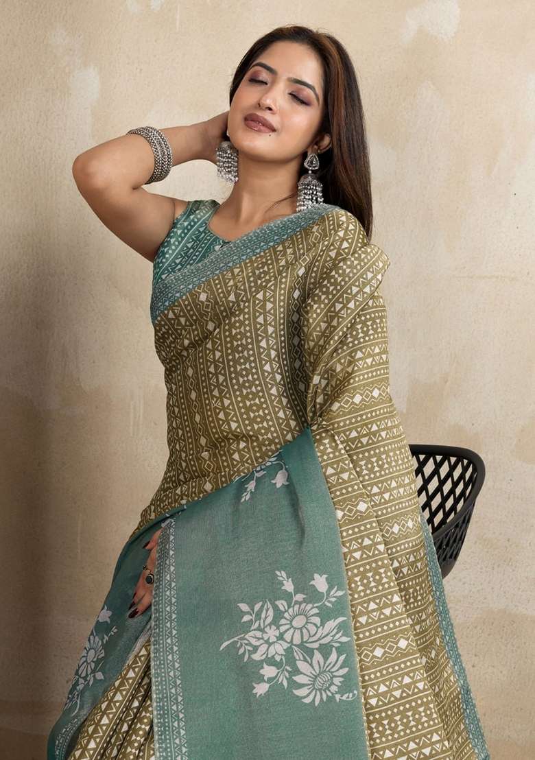 Mehendi Silk Blend Saree Set with Zari Work for Diwali | Wedding & Festive Wear - Indya