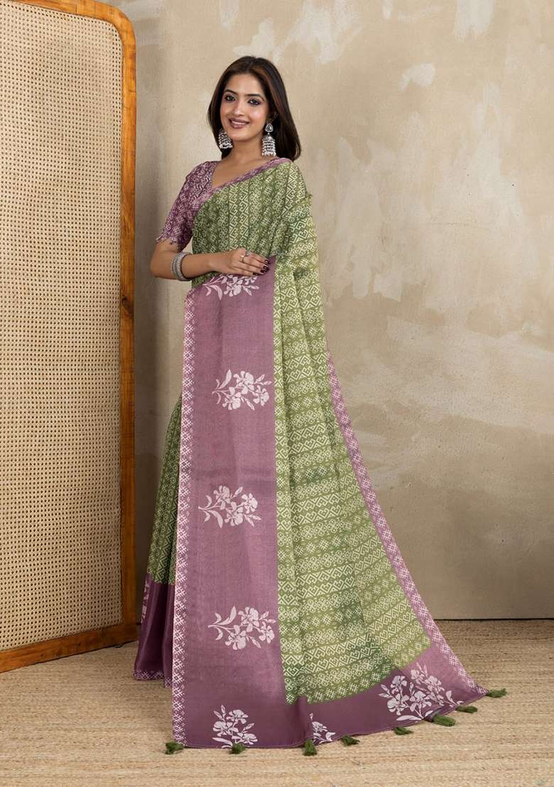Mehendi Zari Work Silk Blend Saree Set for Diwali and Festive Wear - Indya