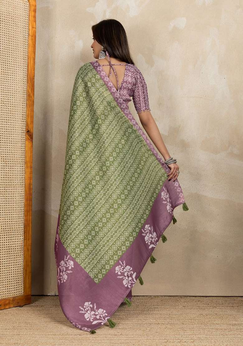 Mehendi Zari Work Silk Blend Saree Set for Diwali and Festive Wear - Indya