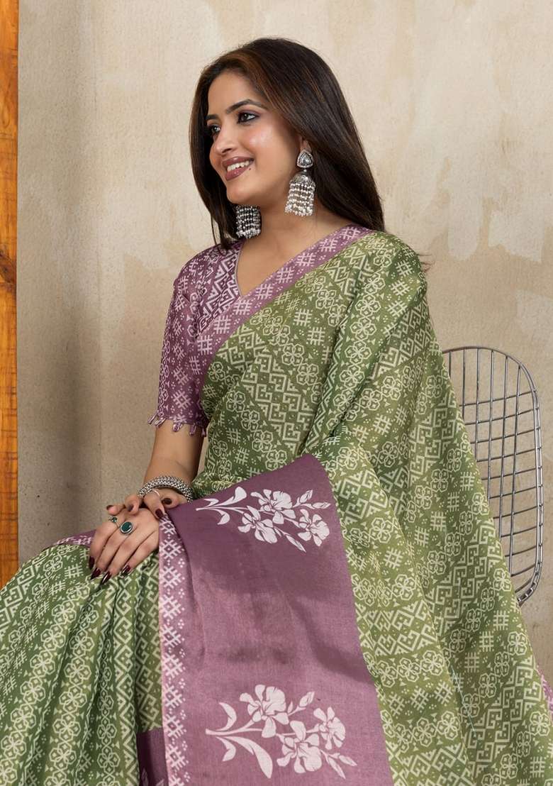 Mehendi Zari Work Silk Blend Saree Set for Diwali and Festive Wear - Indya