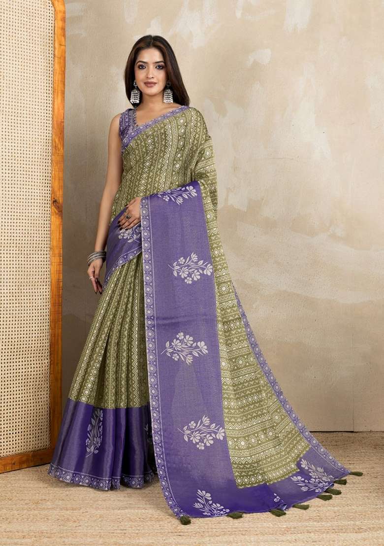 Mehendi Zari Work Silk Blend Saree Set for Diwali and Festive Wear - Indya