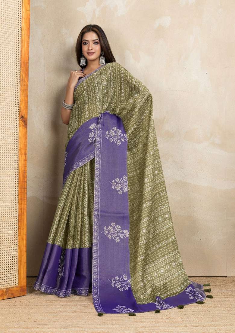 Mehendi Zari Work Silk Blend Saree Set for Diwali and Festive Wear - Indya