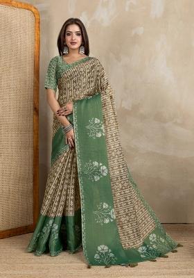 Brown Zari Work Silk Blend Saree Set